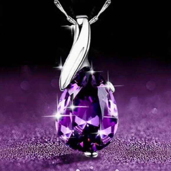 Amethyst Jewelry - Tear Drop Amethyst Silver Setting Necklace NEW